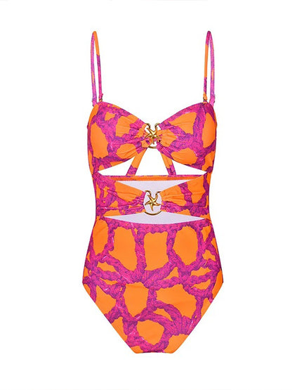 Starfish Printed Cutout One Piece Swimsuit and Cardigan