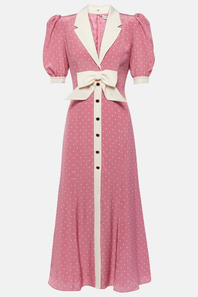 Rita Bow Trimmed Puff Sleeve V-neckline Midi Dress
