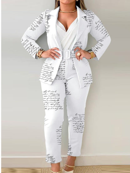 Letter Print Belt Design Blazer Pants Set Bo3021