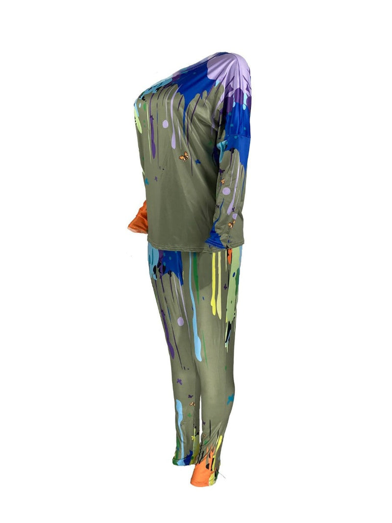 Inclined Neck Splash Ink Pants Set At908