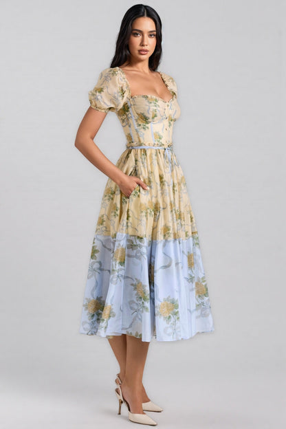 Elowen Yellow Rose Chiffon Midi Dress