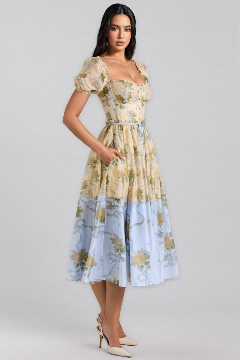Elowen Yellow Rose Chiffon Midi Dress