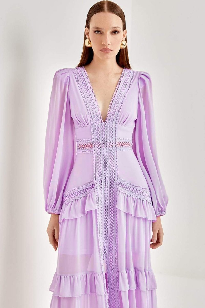 Penny Embroidered Lace Ruffle Maxi Dress