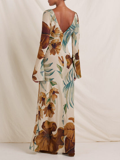 Hand—drawn Botanical Motifs Maxi Dress