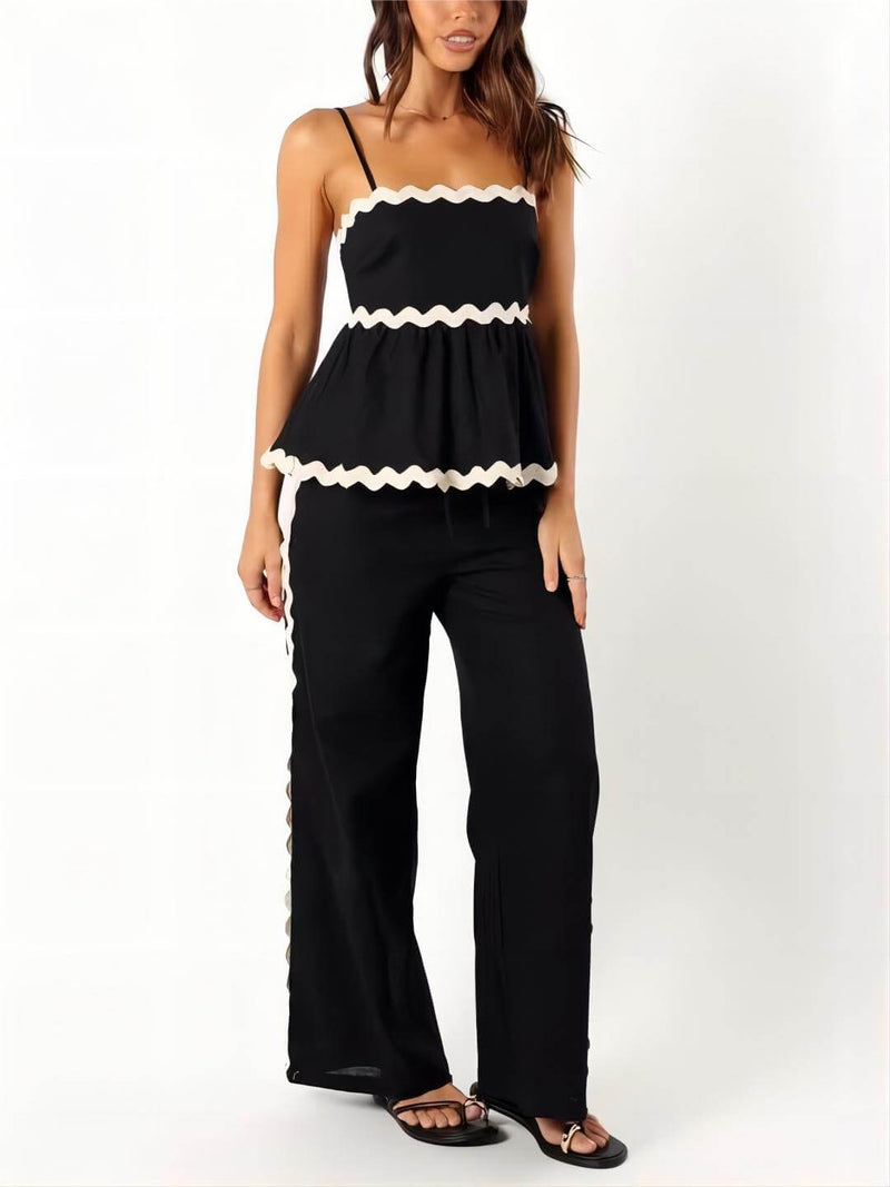Sleeveless Loose Plain Two-piece Wavy Lace Wide-leg Pants Set