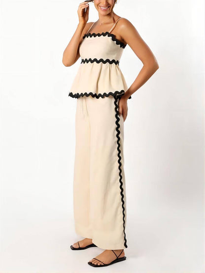 Sleeveless Loose Plain Two-piece Wavy Lace Wide-leg Pants Set