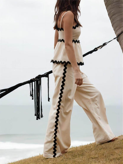 Sleeveless Loose Plain Two-piece Wavy Lace Wide-leg Pants Set