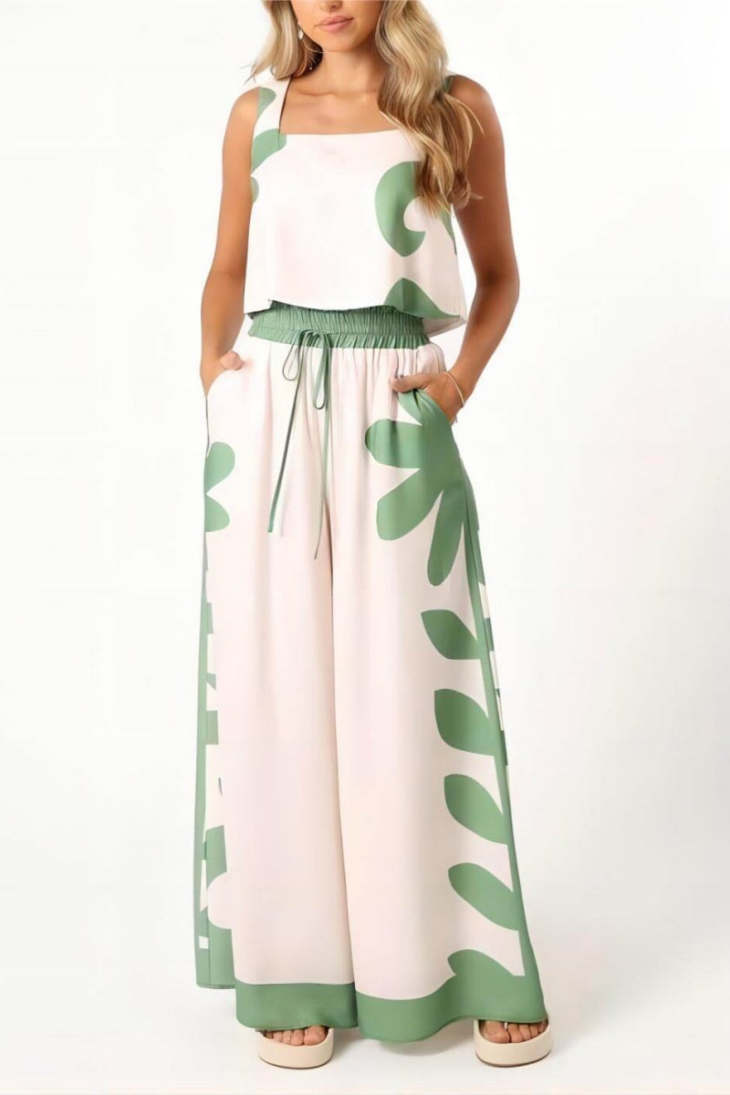 Sleeveless Folk Loose Wide-leg Pants Set