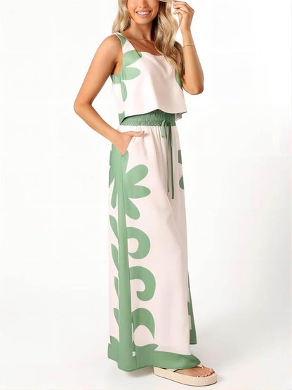 Sleeveless Folk Loose Wide-leg Pants Set