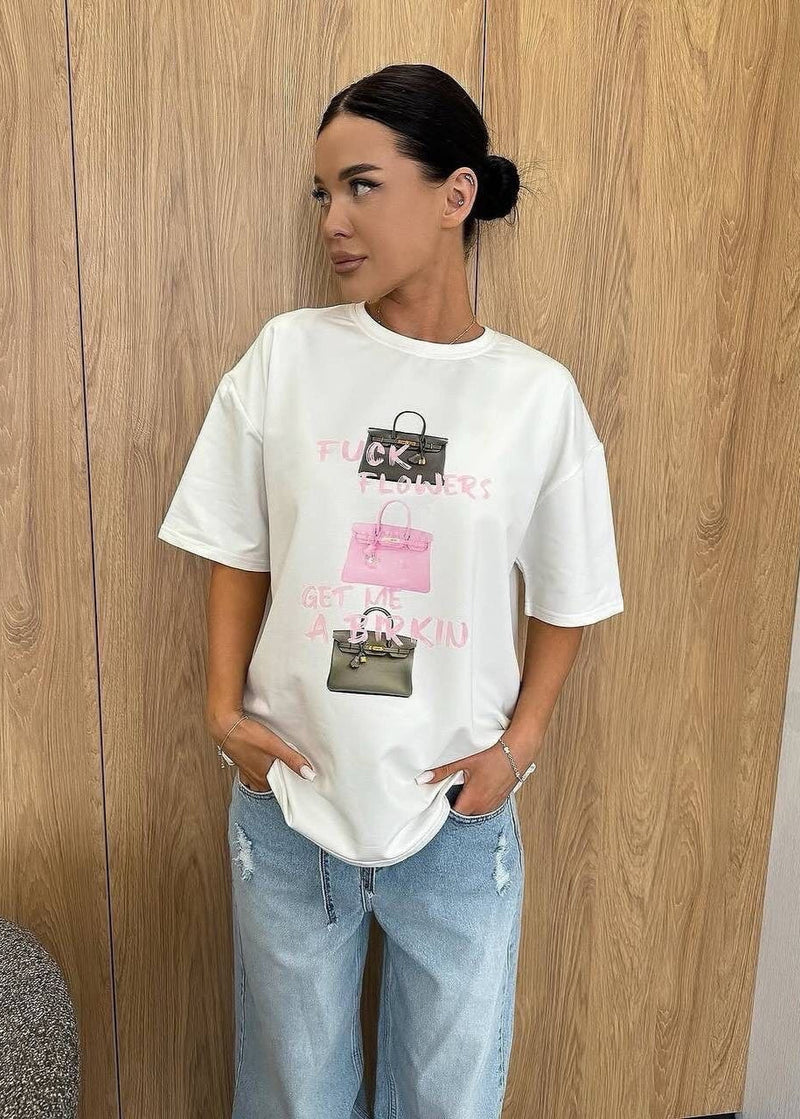 Birkin Statement Tee – Oversized White T-shirt With Graphic Bag Print