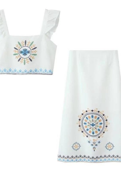 Solandra - Embroidered Two-piece Set With Ruffle Straps