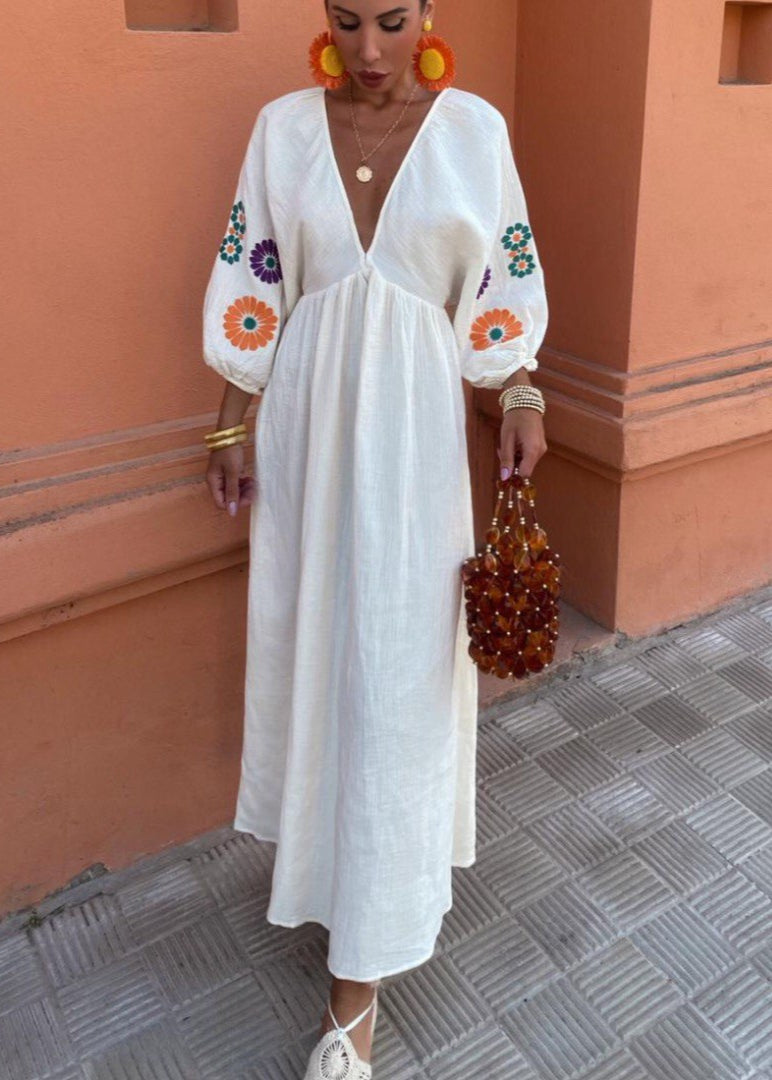 Solana Embroidered Maxi Dress – Open-back With Balloon Sleeves