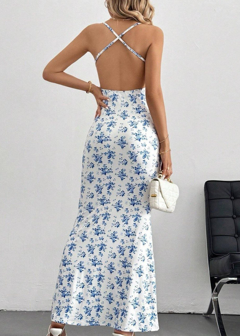 Blue Backless Maxi Dress - Crisscross Straps & Bodycon Fit