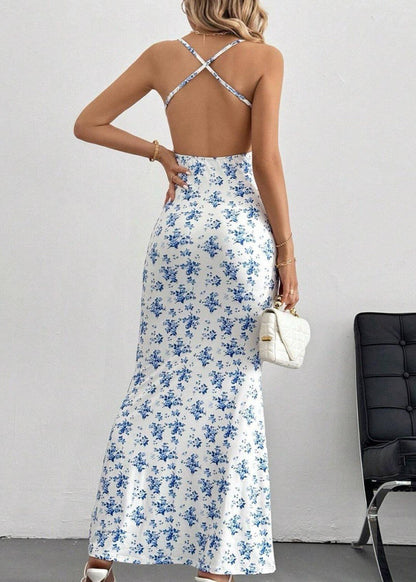 Blue Backless Maxi Dress - Crisscross Straps & Bodycon Fit