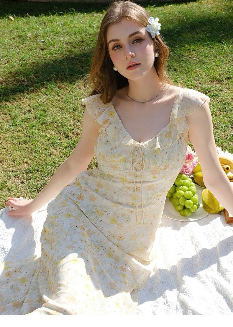 Soleil Whisper - Ruffle Tie-front Midi Dress