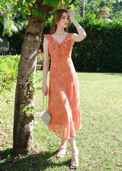 Solara - Ruffle Neckline Sheer Midi Dress