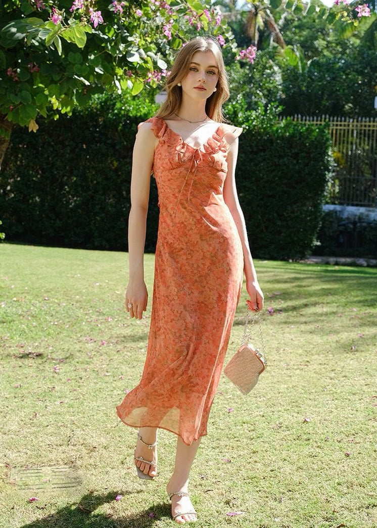 Solara - Ruffle Neckline Sheer Midi Dress