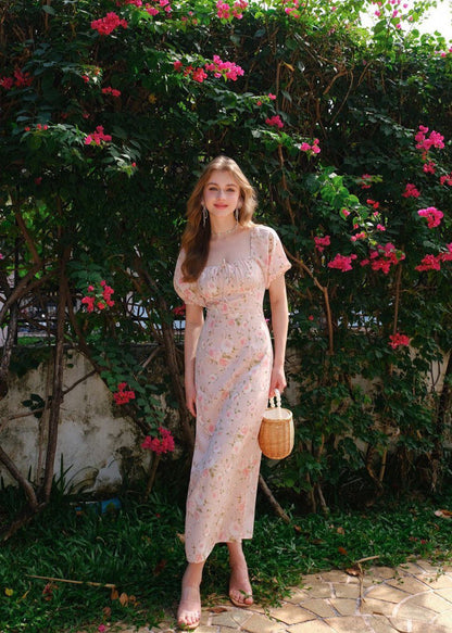 Florence - Puff Sleeve Maxi Dress With Rose Print