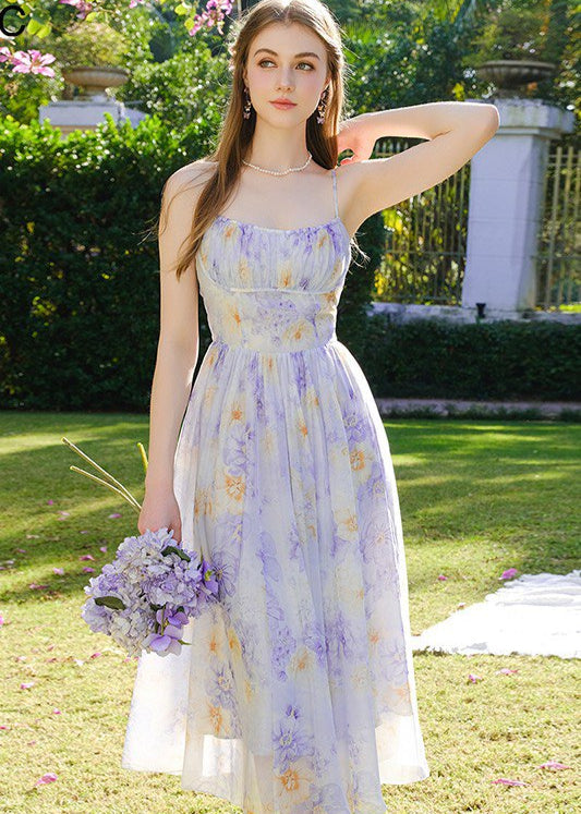Iris Bloom - Ruched Lilac Midi Dress With Print