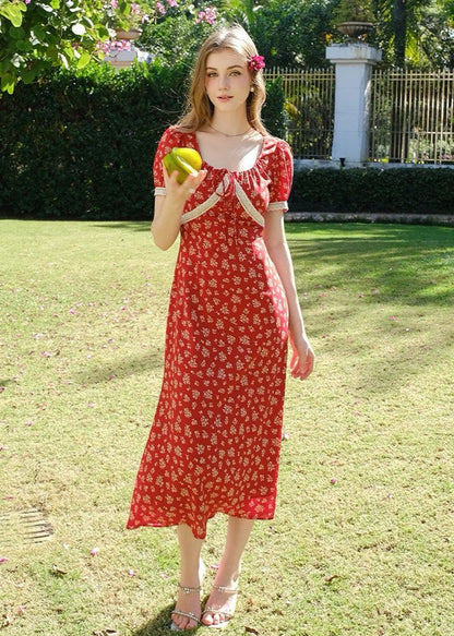 Rosara - Red Puff Sleeve Midi Dress With Print