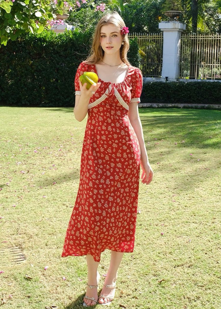 Rosara - Red Puff Sleeve Midi Dress With Print