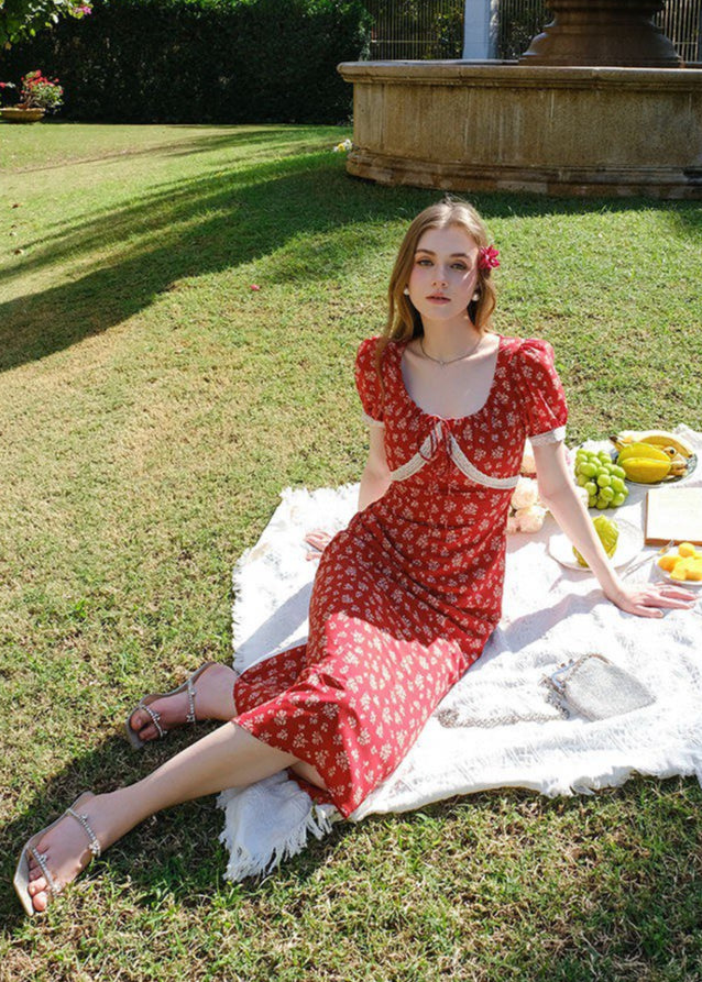 Rosara - Red Puff Sleeve Midi Dress With Print