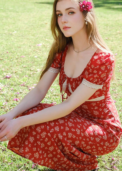 Rosara - Red Puff Sleeve Midi Dress With Print