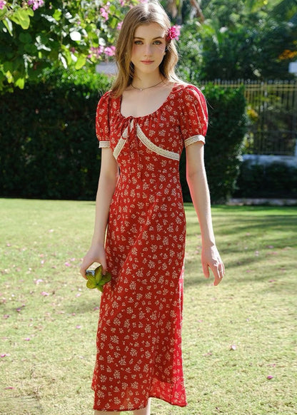 Rosara - Red Puff Sleeve Midi Dress With Print
