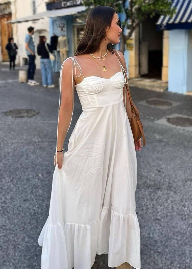Santorini Breeze - Flowy Maxi Dress With Tie Straps