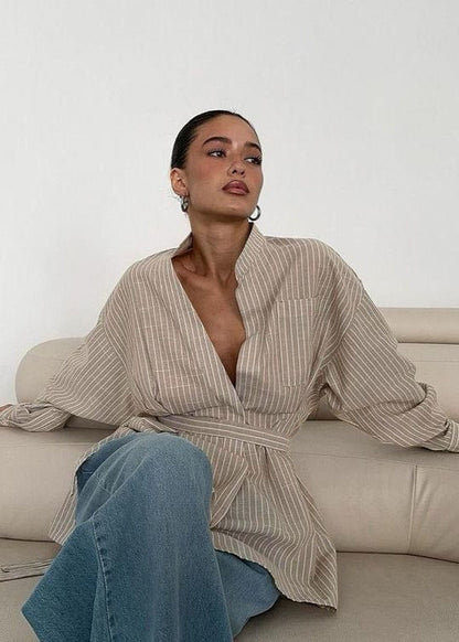 Brera - Striped Tie-waist Shirt Blouse