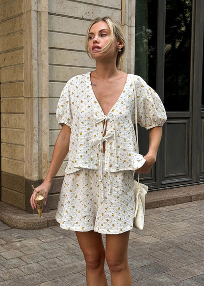 Wildflower Cotton Tie-front Shorts Set
