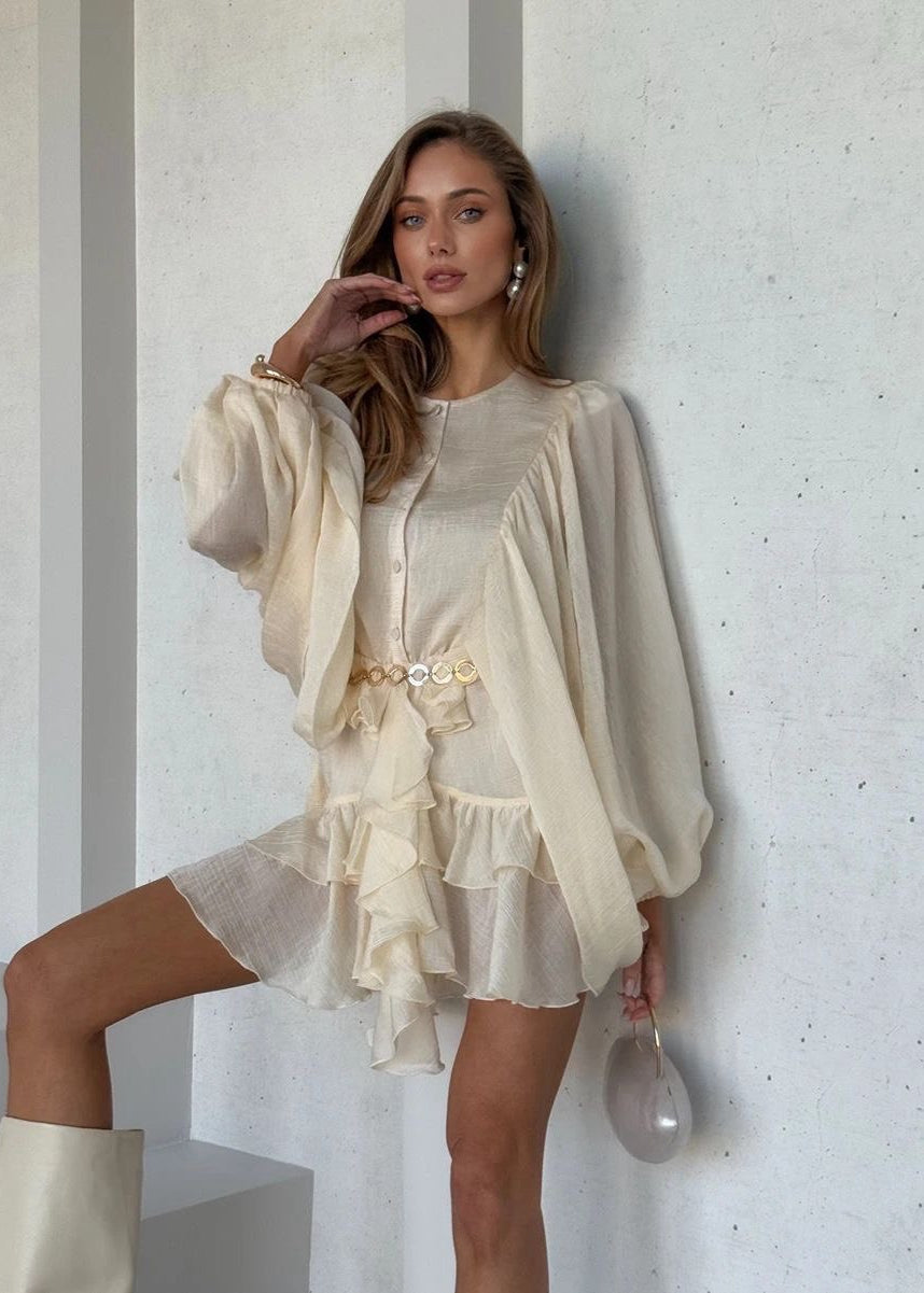 Aveline - Ruffled Organza Mini Dress With Flowing Sleeves