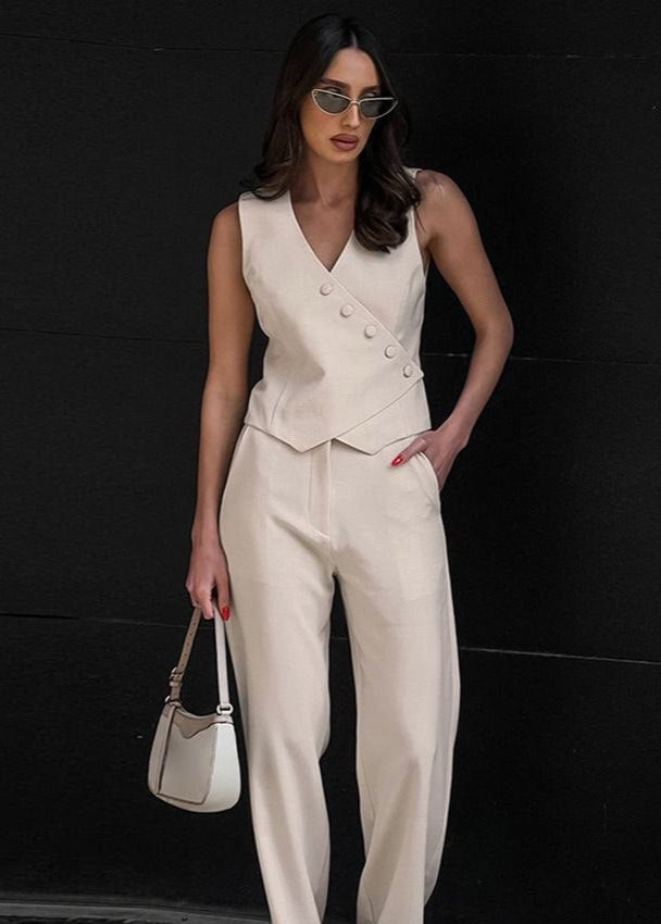 Andora Tailored Set – Linen Blend Sleeveless Top & Wide-leg Pants