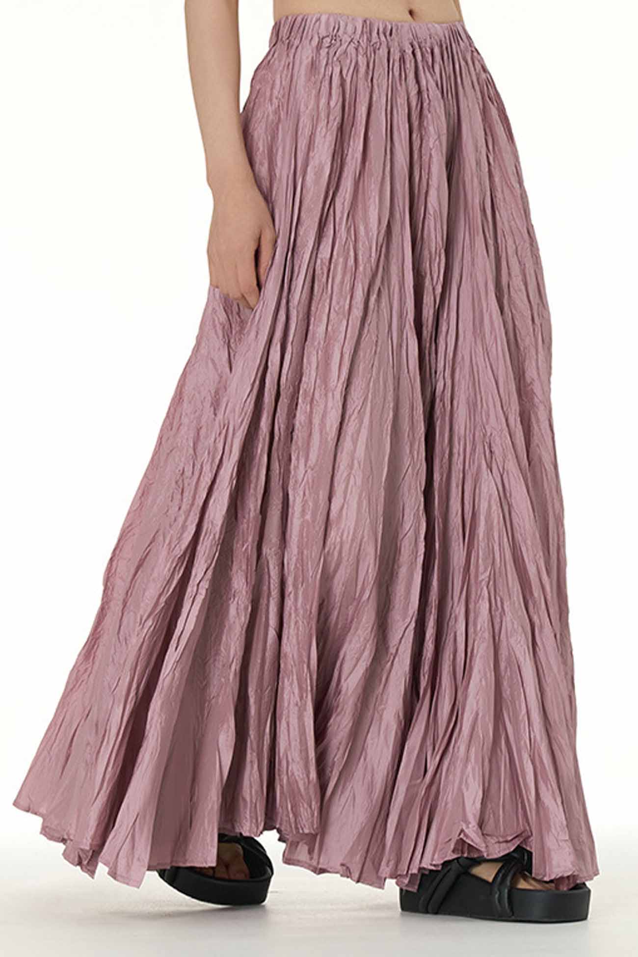Color Pleated Midi Skirt