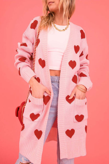 Heart Open Front Pocket Long Cardigan