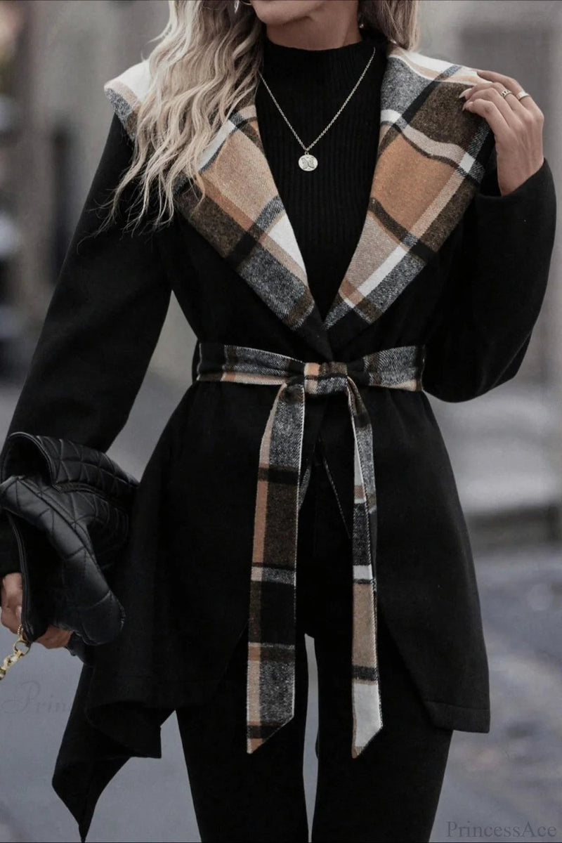Plaid Color Block Tie Waist Wool Blend Coat