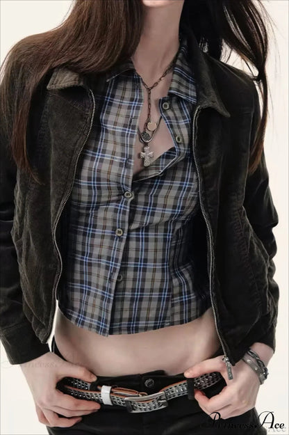 Plaid Long-sleeve Back Bow-tie Waist-slim Blouse