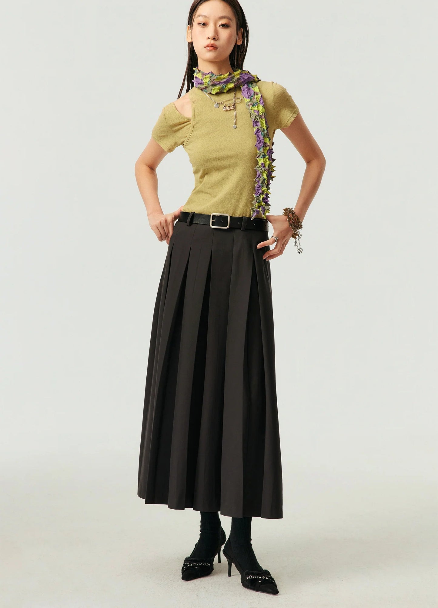 Deep Box Pleated Midi Skirt