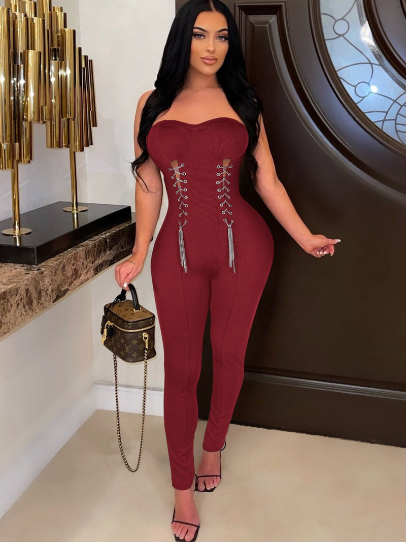 Sxy Off the Shoulder Chain Decor Cut Out Jumpsuit Ar3052