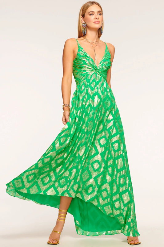 Metallic V-neck Maxi Dress Green