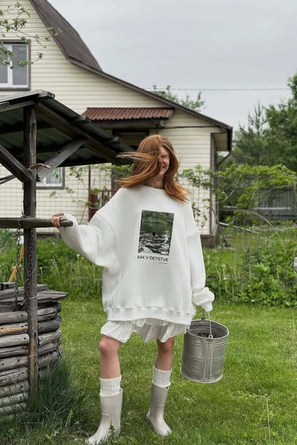 Printed White Loose Crew Neck Pullover Sweatshirt