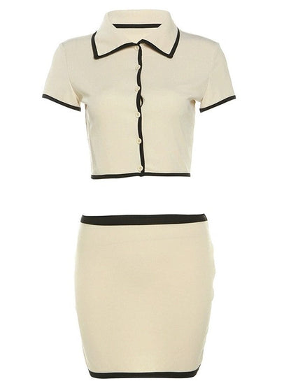 Contrast Cardigan Lapel Top & Mini Skirt Set