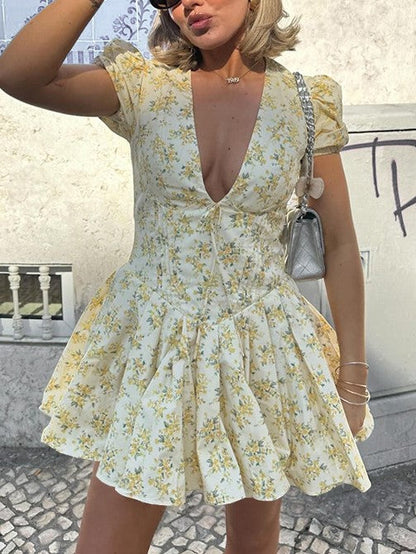 Yellow French Deep V Bubble Short Sleeve Mini Dress