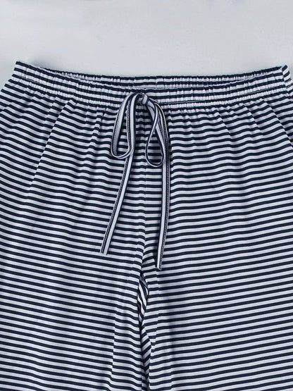 Blue Striped Drawstring Low Rise Pants