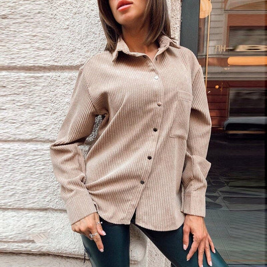 Pockets Corduroy Velvet Blouse Long Sleeve Turn Down Collar Office Lady Shirt Winter Tops