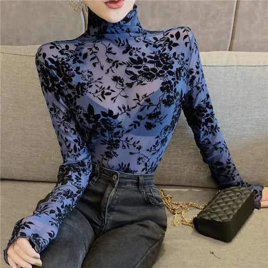 Transparent Flocking Mesh Blouses Shirts Tees Female Turtleneck Full Sleeve Blouses Tops for