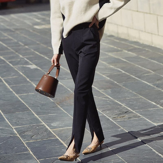 Spring New Black Pencil Pants Bottom Split Pants Simple Slim Elastic Long Trousers for