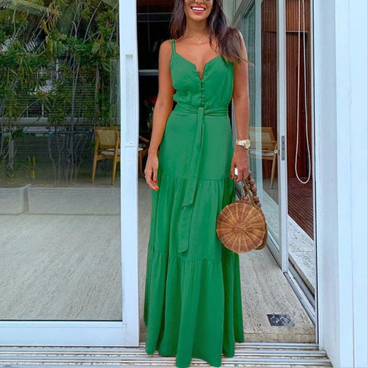 V Neck Tunic Ruffles Maxi Dress