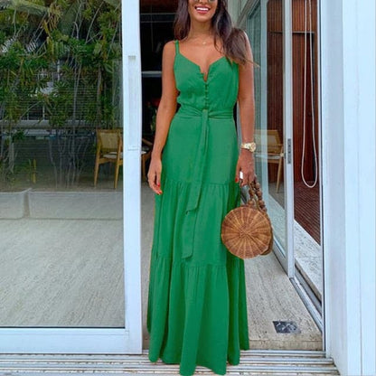 V Neck Tunic Ruffles Maxi Dress