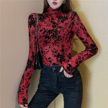 Transparent Flocking Mesh Blouses Shirts Tees Female Turtleneck Full Sleeve Blouses Tops for